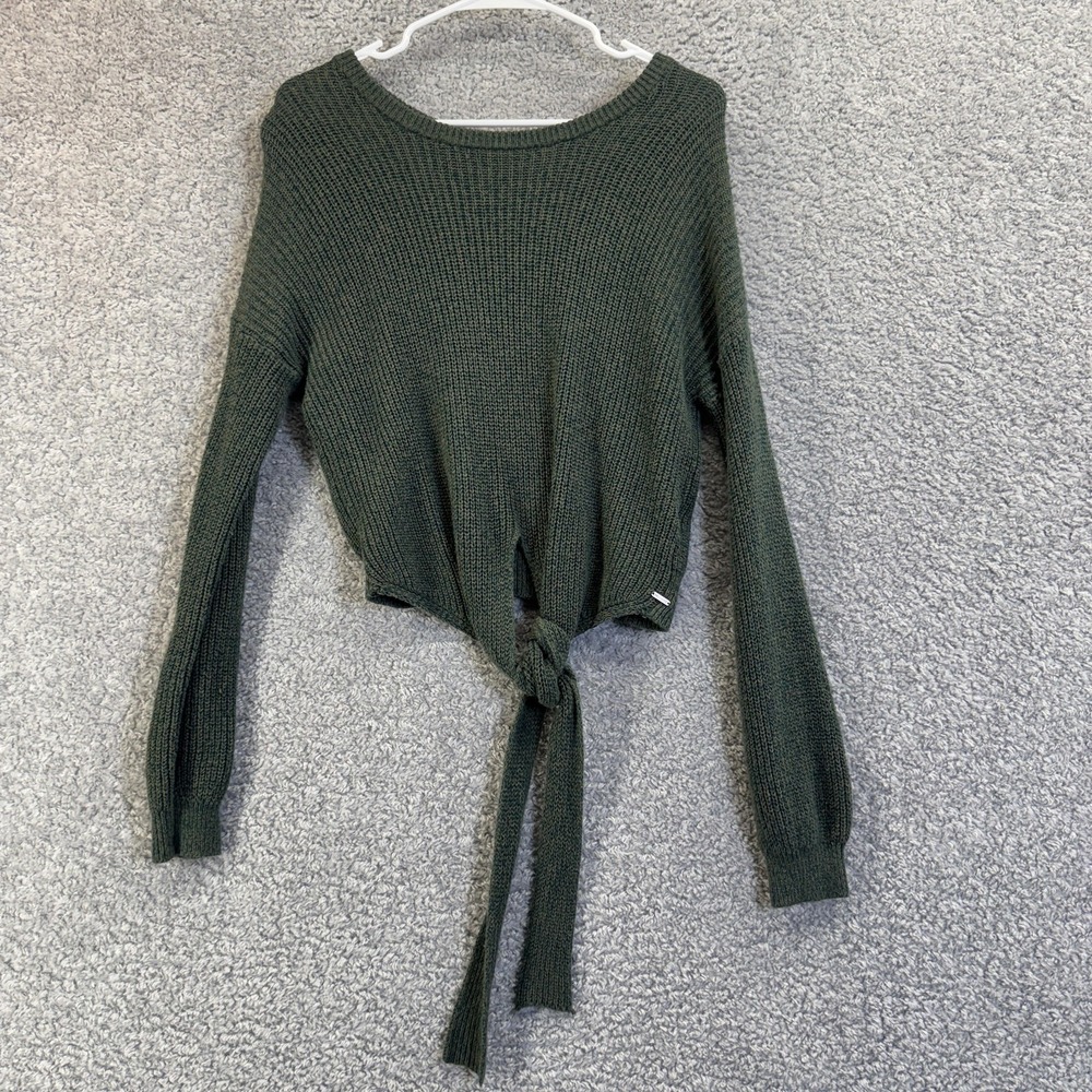 Hollister Sweater Womens S Green Waffle Knit Cropped Tie Front Boat Neck Preppy